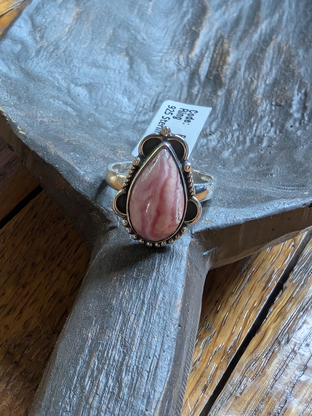 925 Sterling Silver Rhodochrosite Ring with Pink & White Swirls
Size 7